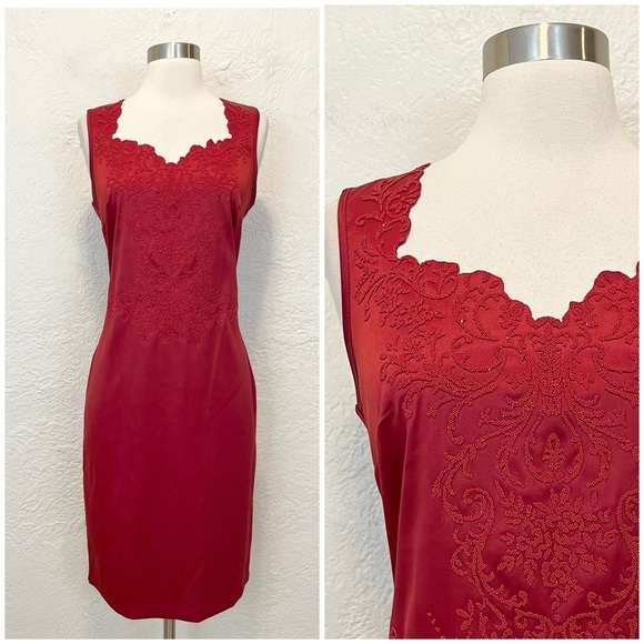 Vintage Dresses & Skirts - Vintage 90s Y2K Dress Sheath Red Satin Beaded Goth Gothic Retro CDC 6